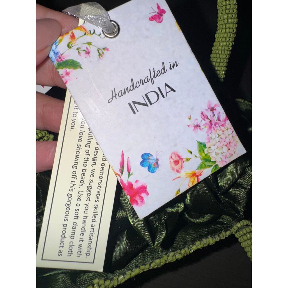 Green Beaded NWT Viral Handcrafted in India Embellished Drawstring Mini Handbag - Picture 5 of 7